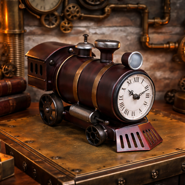 Steampunk-style clock resembling a train engine in a vintage setting with books and lights.
