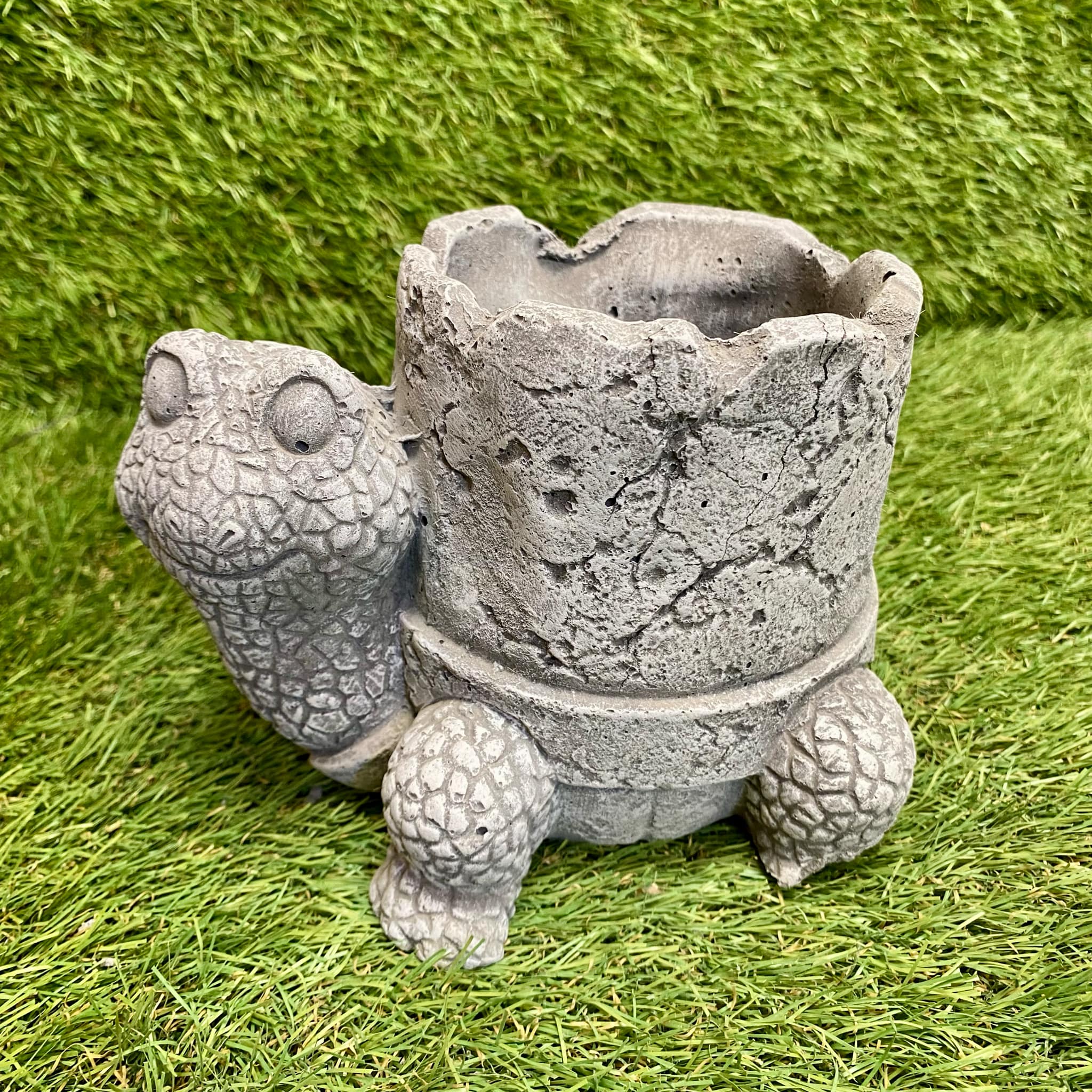 Concrete turtle planter on grass