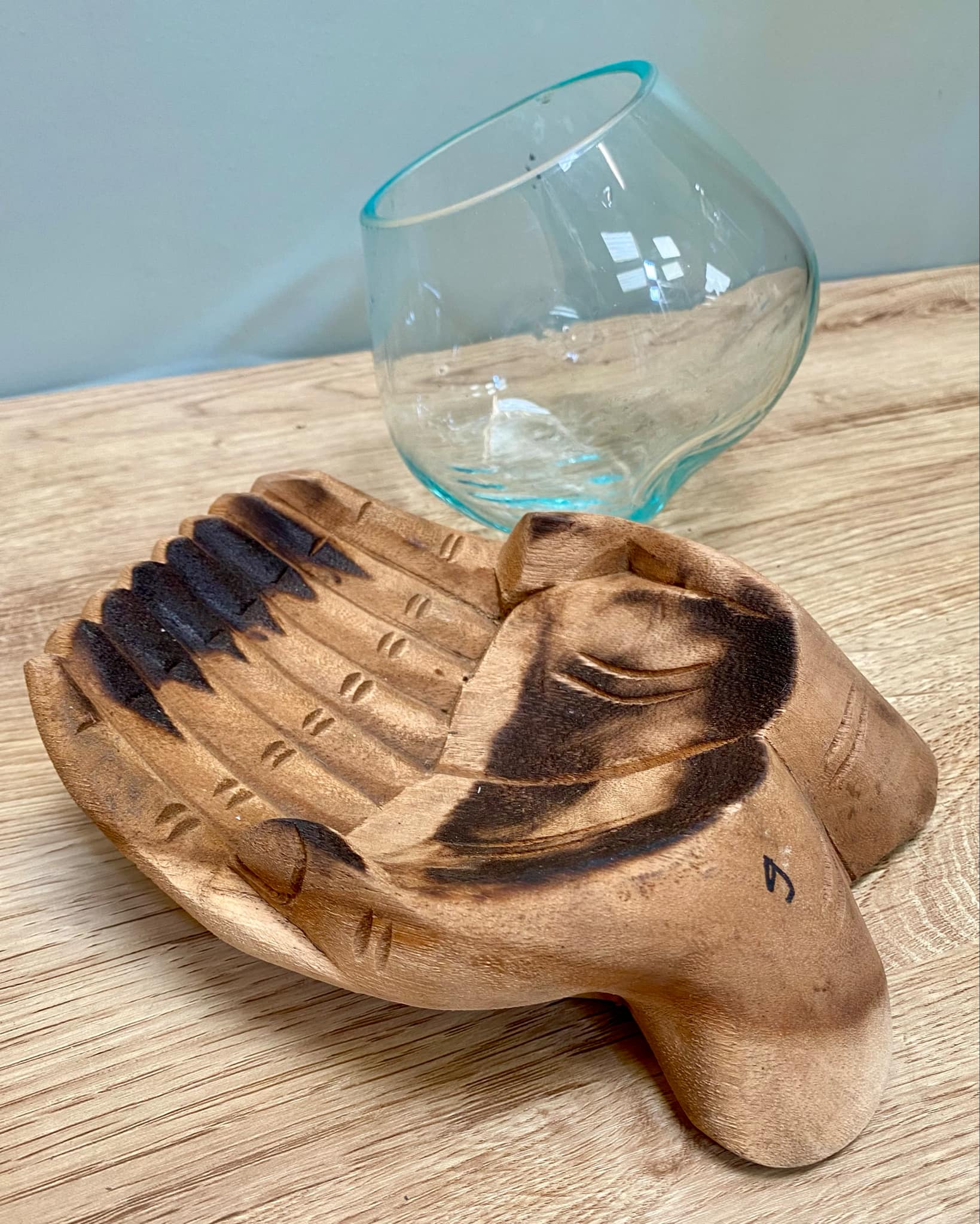 Driftwood Carved Hand Holding Glass Bowl