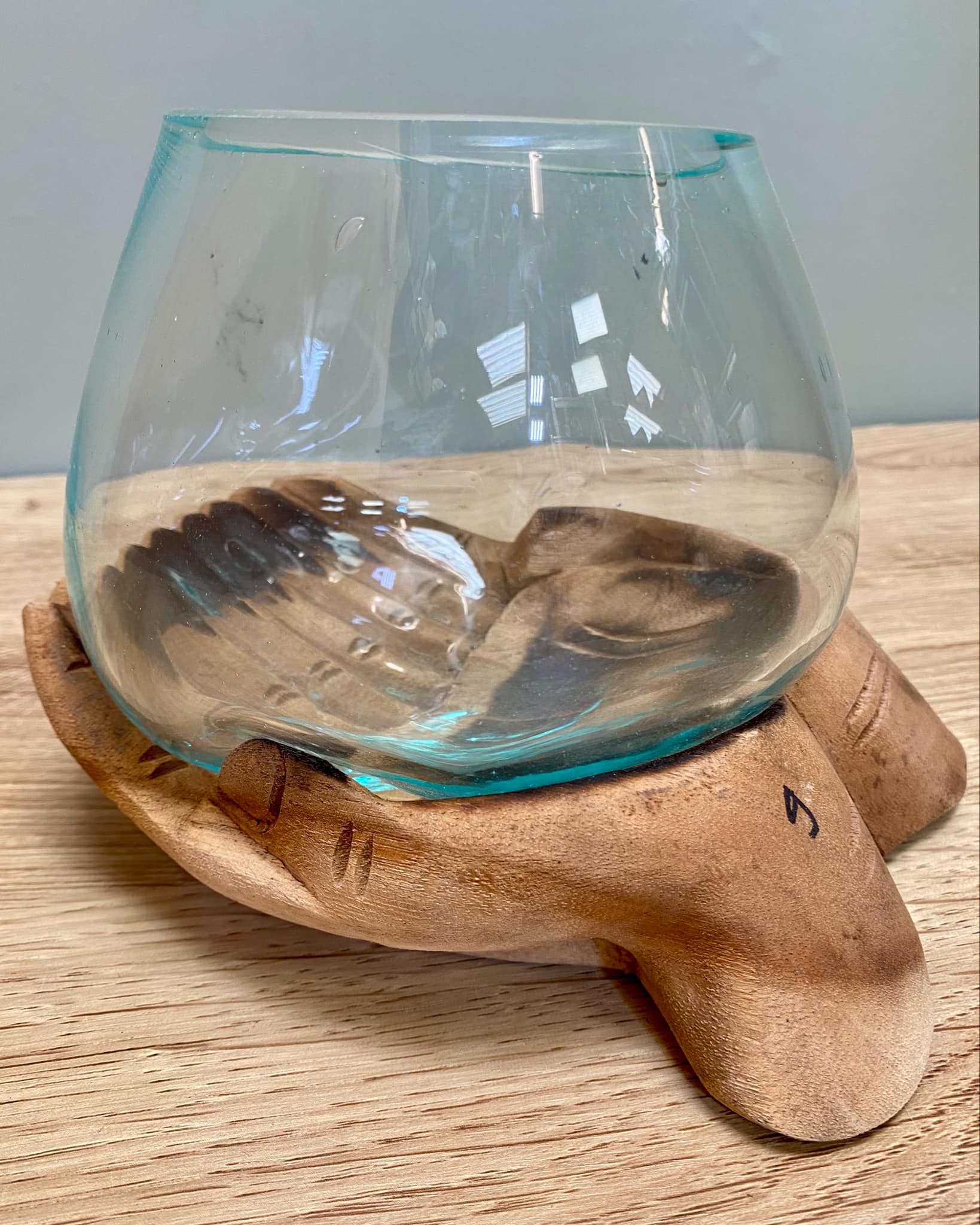 Driftwood Carved Hand Holding Glass Bowl